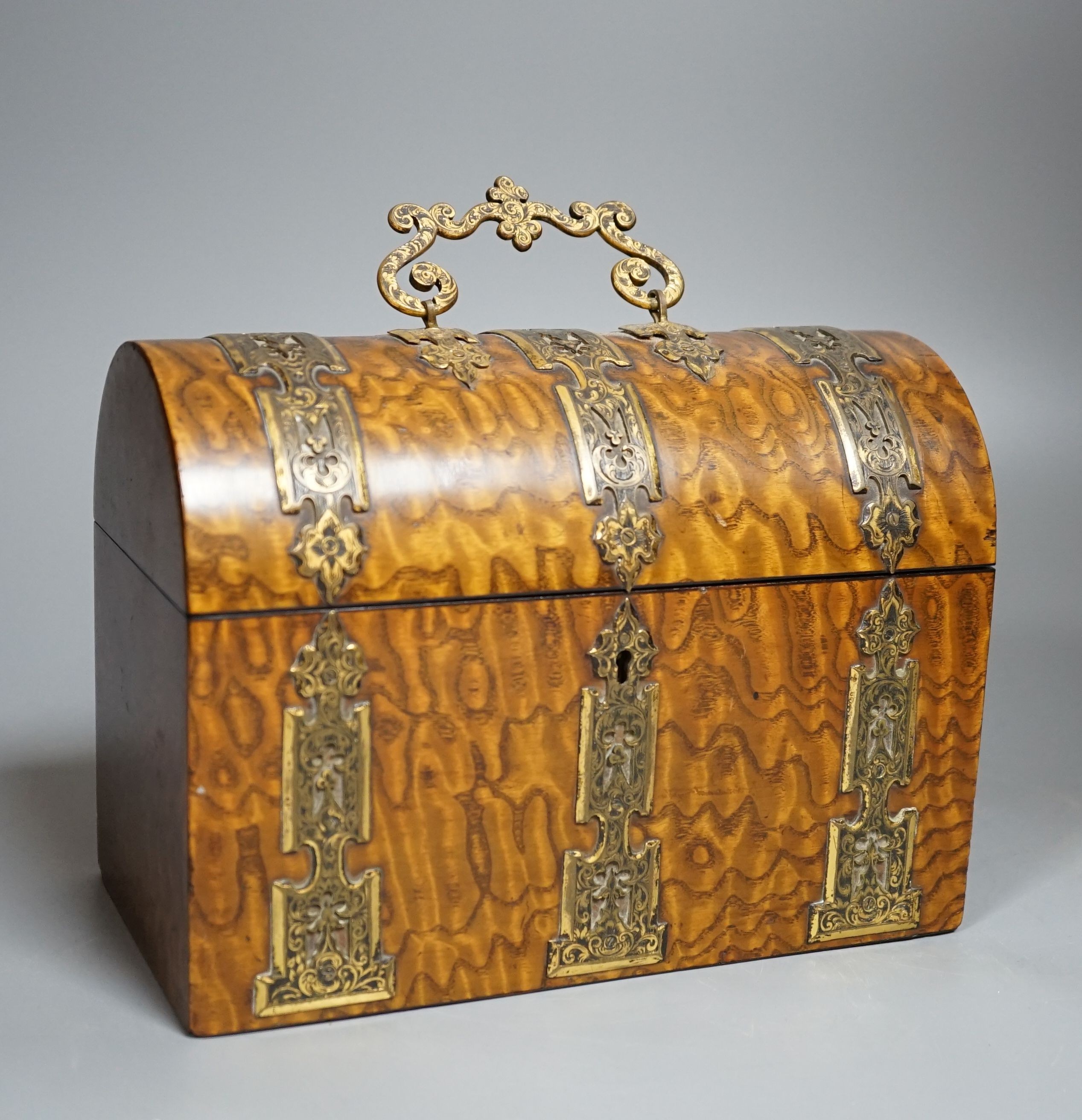 A Victorian Hungarian ash stationery box by Mechi, 114 Regent Street London, domed top with decorative gilt mounts fitted interior with 